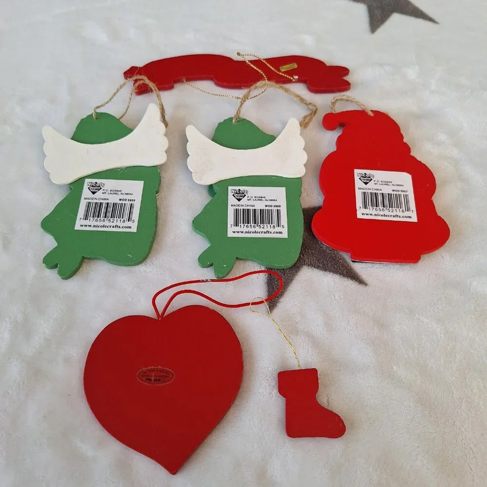 Vintage‎ Flat Wooden Hand Painted Christmas Ornaments Lot of 6 Mixed Makers